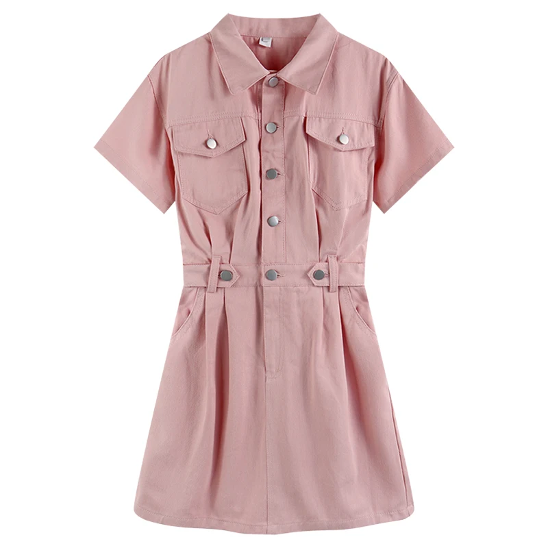 

Женское джинсовое платье в Корейском стиле, розовое мини-платье с коротким рукавом и воротником-поло, тонкая талия, лето 2022, L002