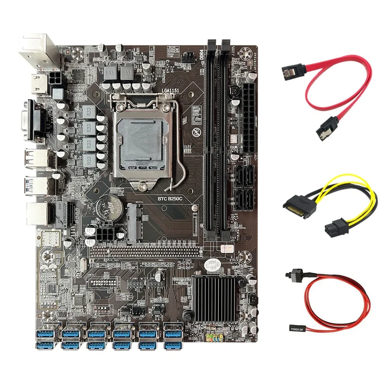 B250C BTC Miner Motherboard+SATA 15Pin To 6Pin Cable+Switch Cable+SATA Cable 12 USB3.0 GPU Slot LGA1151 For ETH Mining