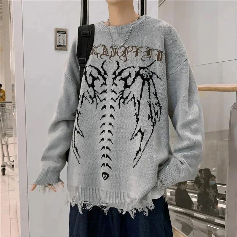 

Oversized Ripped Knitted Sweater Y2k Hip Hop Harajuku Skull Letter Printed Fashion Neutral Long Sleeves Casual over Couples