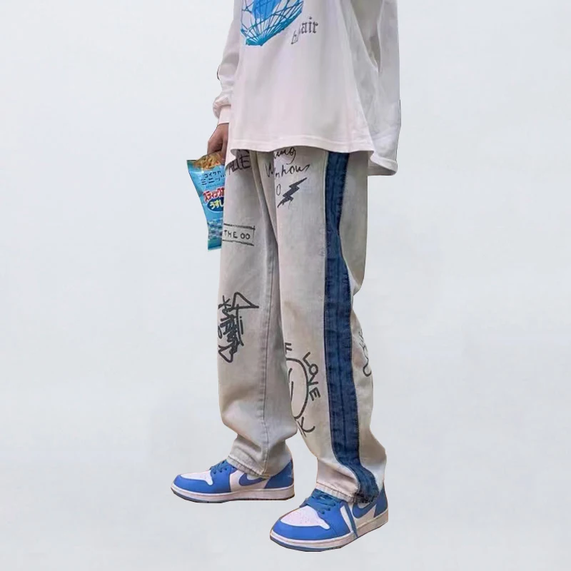 Four Seasons Men's Jeans Loose Fashion Floor Trousers Personality Printing Straight Loose Fashion Brand Streetwear Ins Hot Sale