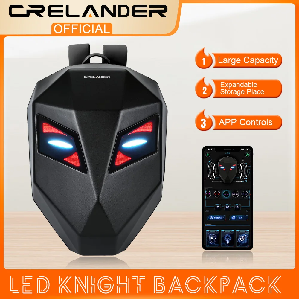 CRELANDER LED Knight Backpack with Eye Motorcycle Helmet Bluetooth APP Control Waterproof Hard Shell Laptops Bags LED Mochila