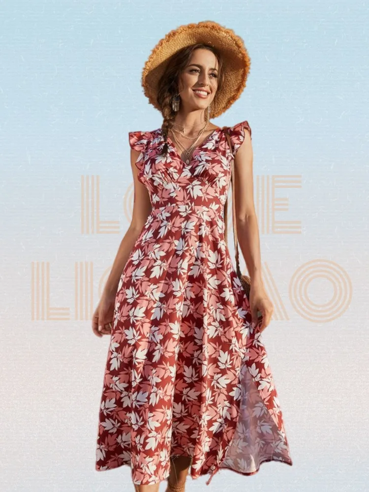 

Womens Sweet Leaf Pattern Cross Backless Dress Summer V Neck High Waist Print Butterfly Sleeve Split Hem Long Dresses Robe Femme
