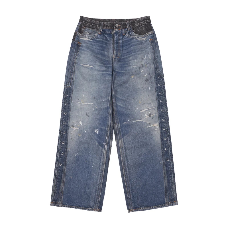 Мужские потертые рваные джинсы с цифровым принтом в стиле ретро осенне-зимние