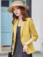 free shipping white lace suit coat patchwork office lady notched blazers for women formal yellow clothes