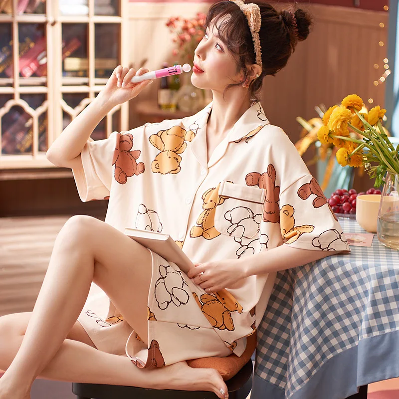 Two-piece Set Women Homewear 2022 New Summer Pajamas Women's Home Clothes Cotton V-neck Sleepwear Lovely Nightwear Pijama Mujer