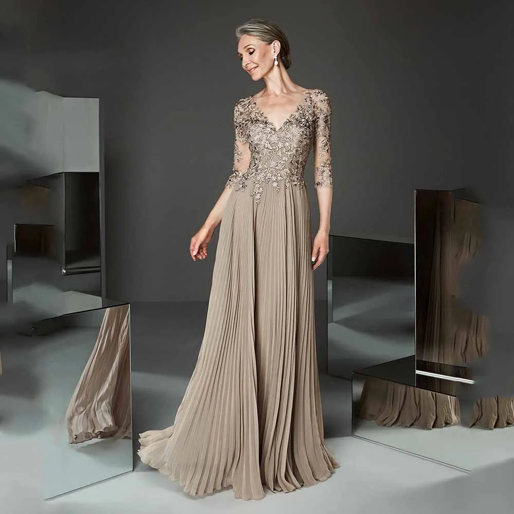 

Elegant Mother Of Bride Dresses For Women V-Neck Three Quarter Sleeve Bride Gown Chiffon A-Line Floor Length فساتين مناسبة رسمية