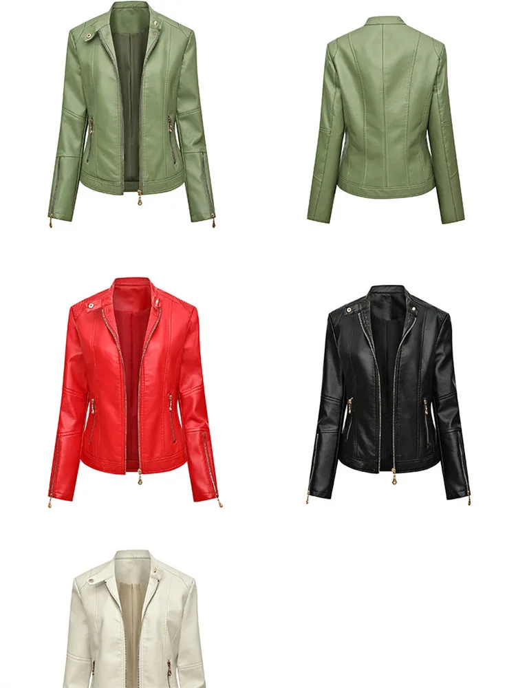 New Slim Leather Jacket Women Fashion Stand Collar Zipper Outer Wear Tops Solid Color PU Leather Jacket Green JD2281 enlarge