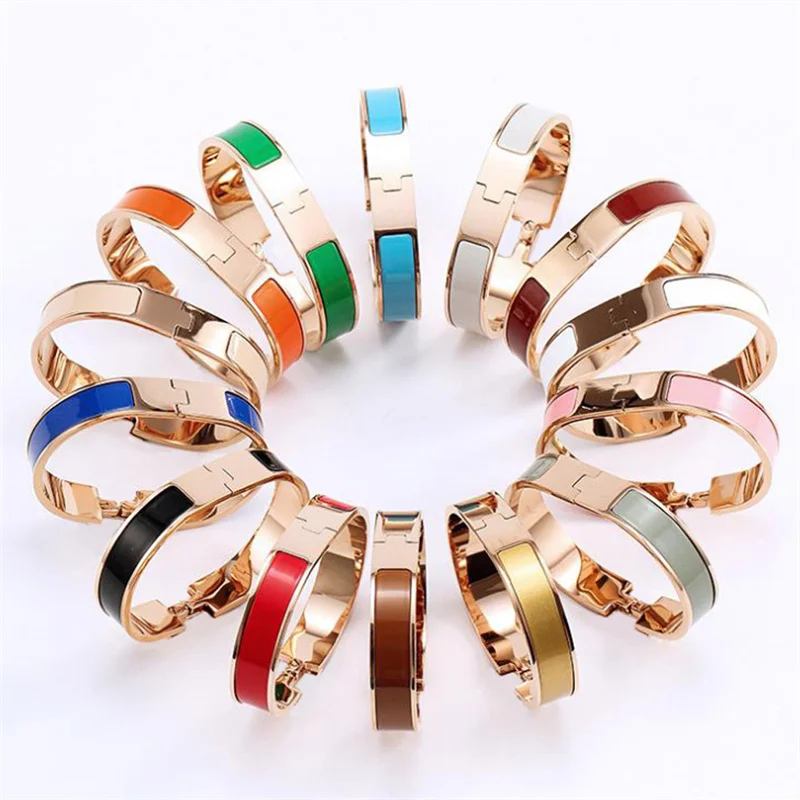 

Titanium Steel Bracelet With Letter Buckle 12mm Width Enamel Bangle Bracelets For Women Girl Fashion Charms Jewelry
