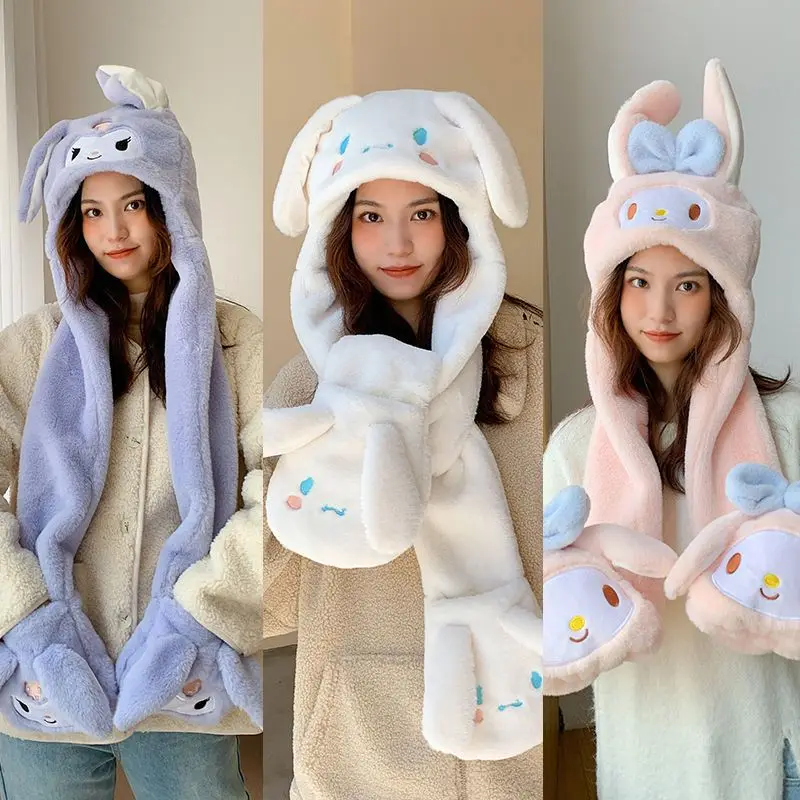

Милая шапка Sanrio Kuromi Melody Cinnamoroll Bady с ушками волнистый шарф шапка цельный комплект зимние женские перчатки с капюшоном на шею Рождественский подарок