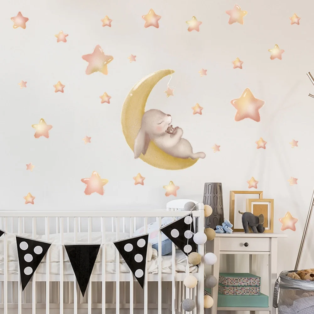 

Easter Decorations PVC Cartoon Bunny Star Good Night for Girls Bedroom Kids Room Nursery Decor Wall Decals Wall Stickers