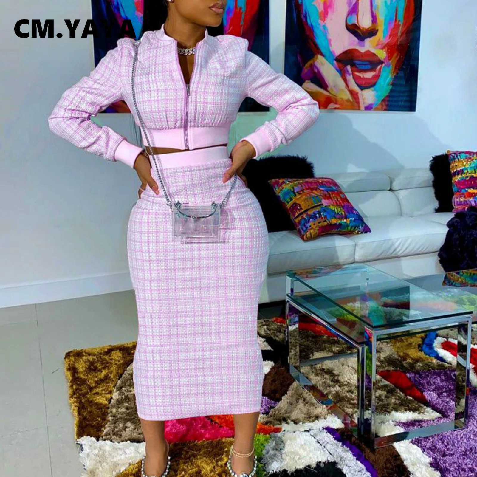 Женский осенне-зимний клетчатый костюм CM.YAYA спортивный из мини-куртки на молнии и