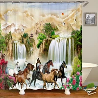 chinese style natural waterfall landscape shower curtains bathroom curtain waterproof polyester horse bath curtain with hooks