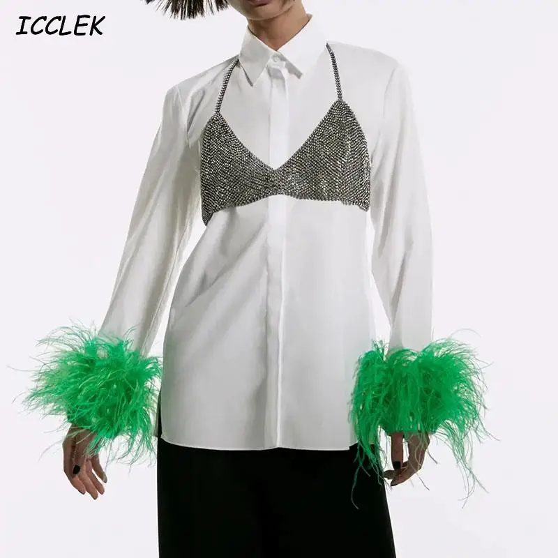 

Новинка 2022, женская рубашка Za с манжетами, зеленая пушистая белая рубашка, весенние шикарные топы в стиле пэчворк, блузка оверсайз, женская р...