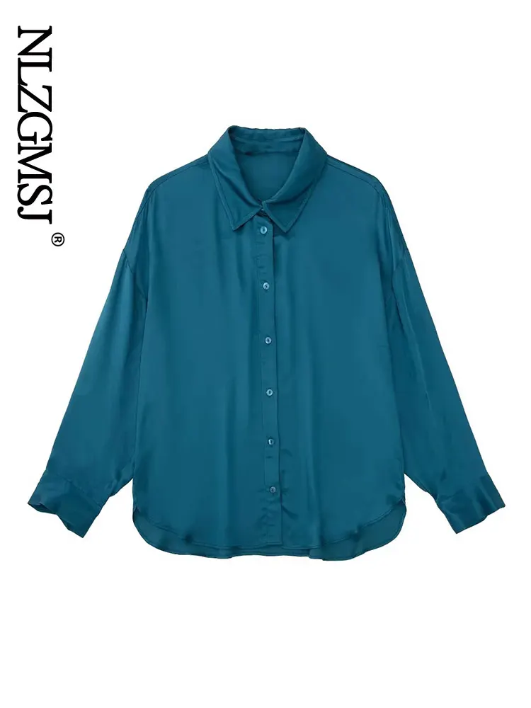

Nlzgmsj 2022 Spring Women Elegant Satin French Office Lady Bottoming Top Solid Loose Single Breasted Turn-down Collar Blouse
