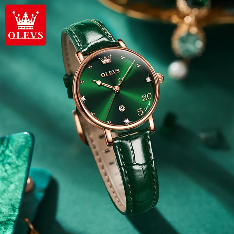 OLEVS 2023 New Exquisite Ladies Watch Luxury Fashion Ultra-thin Leather Waterproof Green Quartz Women Wristwatch Female Clocks