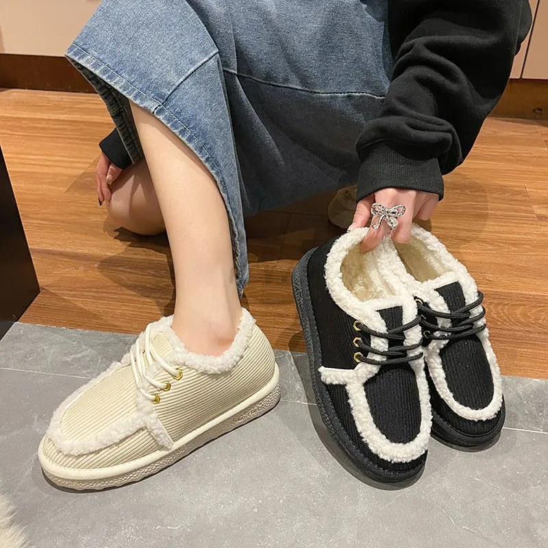 Winter New Female Snow Boots Non-slip Student Plus Velvet Warm Cotton Shoes Flat Lace Women's Boots Size 35-40  zapatillas mujer