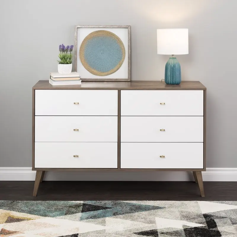 

6 Drawer Wooden Dresser, 16" x 52.25" x 33", Brown/White