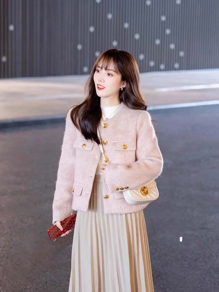Розовая изящная шерстяная куртка женская осень и зима Популярный в этом году