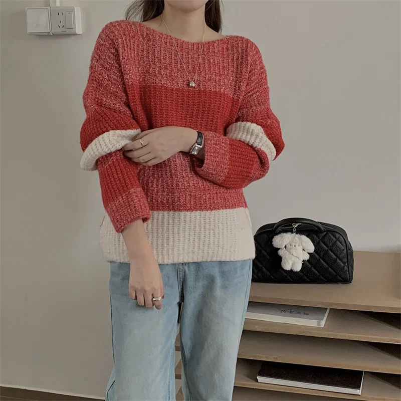 FINEWORDS Vintage Easymatch Winter Striped Knitted Sweater Women Loose Streetwear Pullover Korean Long Sleeve Casual Jumper