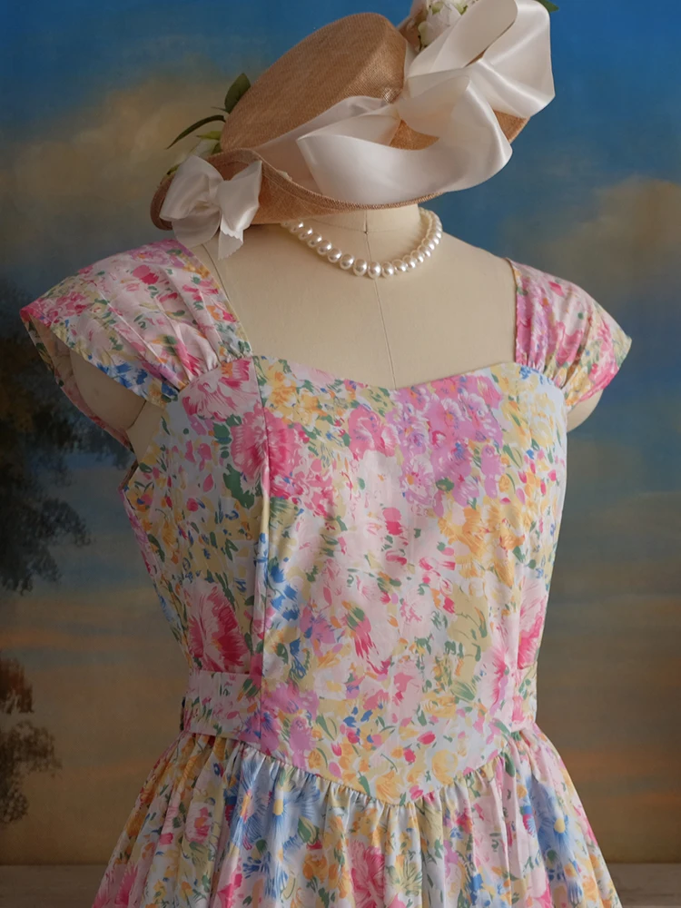 Spring Summer Women Loose Plus Size Vintage Style Elegant Lady Romantic Pink Floral Print Handmade Cotton Sleeveless Dresses
