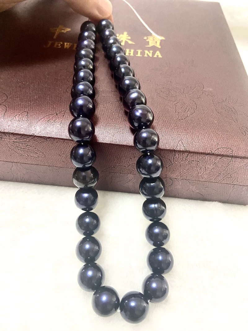 

2022 New Women's Necklace Natural Sea Genuine 12-15mm Black Blue Near Round Pearl Necklace Fine Party Jewelry