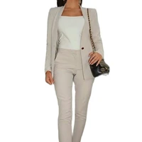 beige women bussiness suit jacket pants one button notched lapel slim lady blazer trouser set office female clothing