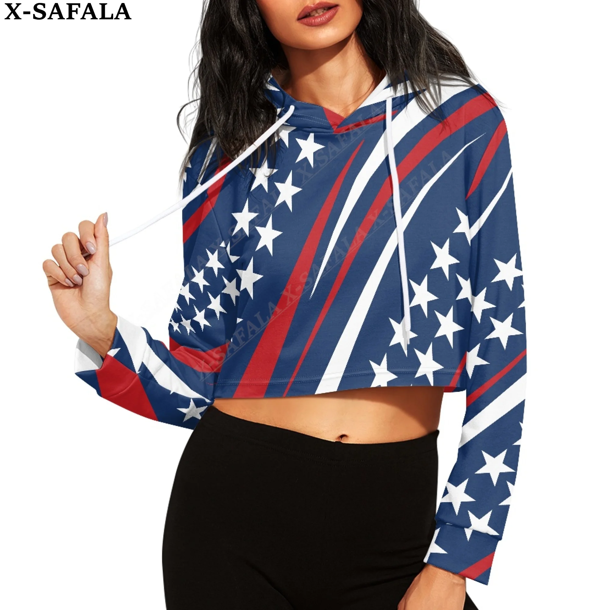 

USA Coat Of Arms Country Style Print Women Crop Top Hoodie Casual Long Sleeve Hooded Short Sweatshirt Streetwear Drawstring-3