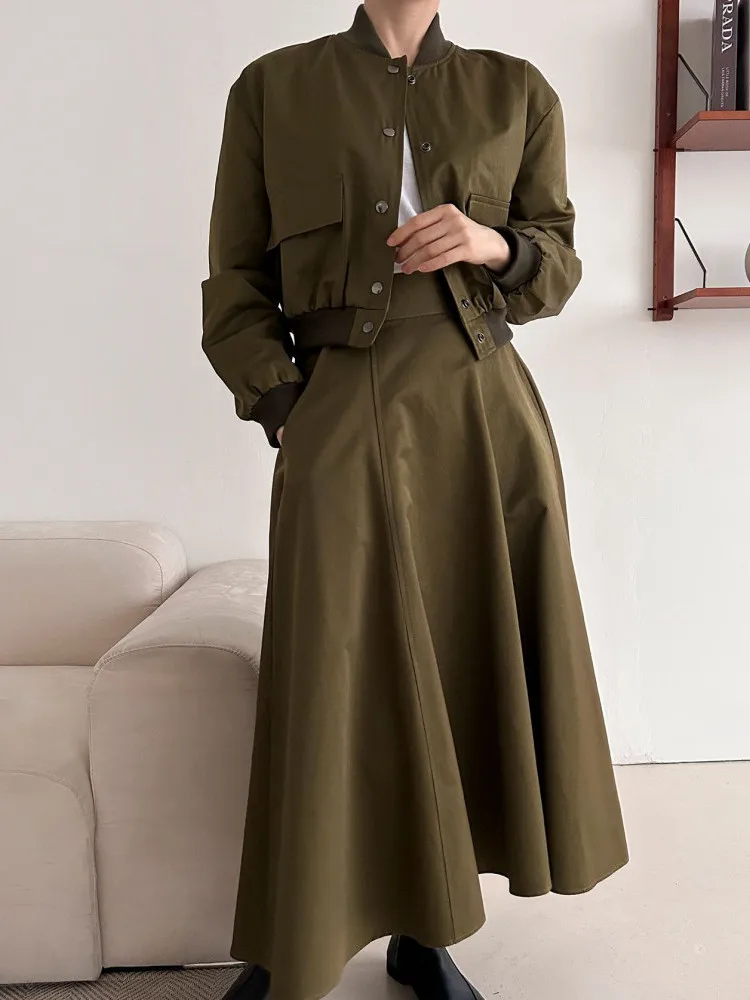 

Женский винтажный комплект из двух предметов, Повседневная Свободная куртка с длинным рукавом и длинная юбка с высокой талией в Корейском стиле на осень