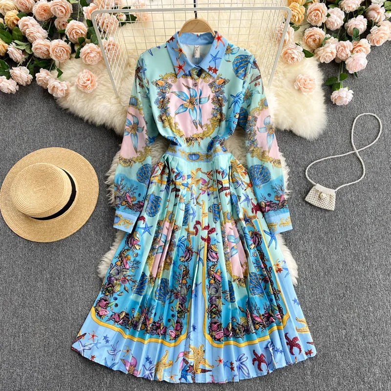 

VANOVICH 2022 Spring New Korean Temperament Dress Long Sleeve Vintage Printing Lantern Sleeve Polo Knee-Length Poplin Dress