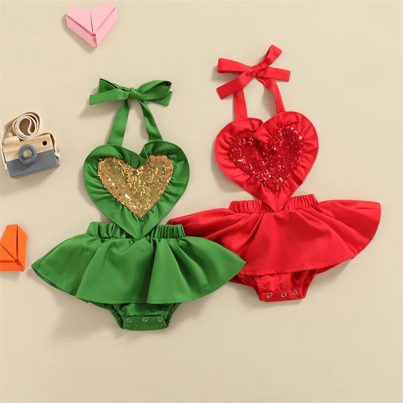 

Baby Girl Clothes Infant Romper Halter Neck Lace Up Sleeveless Sequins Love Heart Jumpsuit Valentine's Day Costume For Toddler