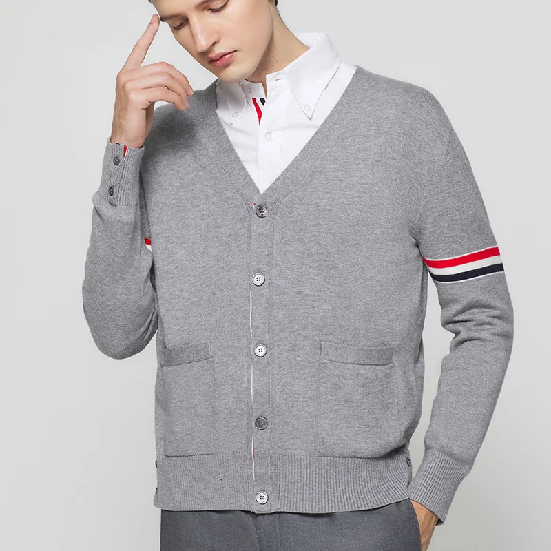 TB THOM Striped Long Sleeves Sweater Men's Casual Wool Knitted Coats Luxury Brand Women's V-Neck Cardigans Sweaters