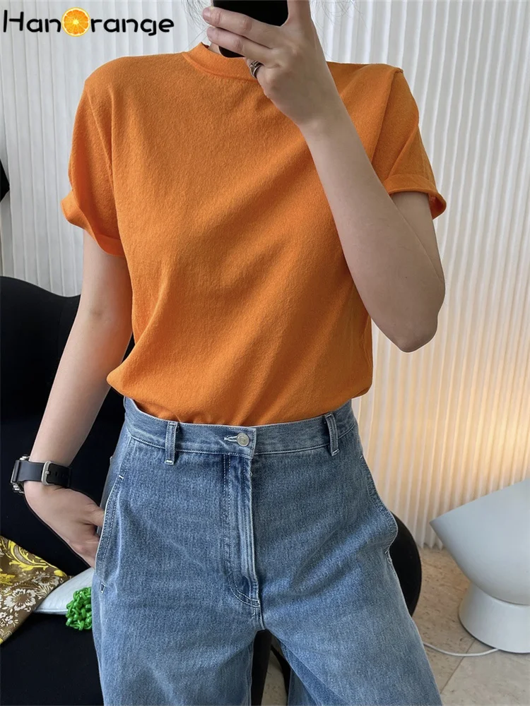 

HanOrange 2022 Summer Fashion Vintage Simple O-neck Knitted T-shirt Women Thin Short Sleeve Tees Casual Top Female Retro