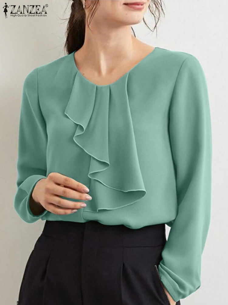

Women Casual Long Sleeve Flouncing Shirt ZANZEA Elegant Solid Blouse 2022 Spring Office Chemise Femininas Blusa Ruffle Tunic Top