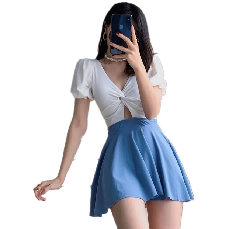 Ins wind one-piece skirt swimsuit women Japan and South Korea bubble sleeve twist bag high waist thin hot spring swimsuit women