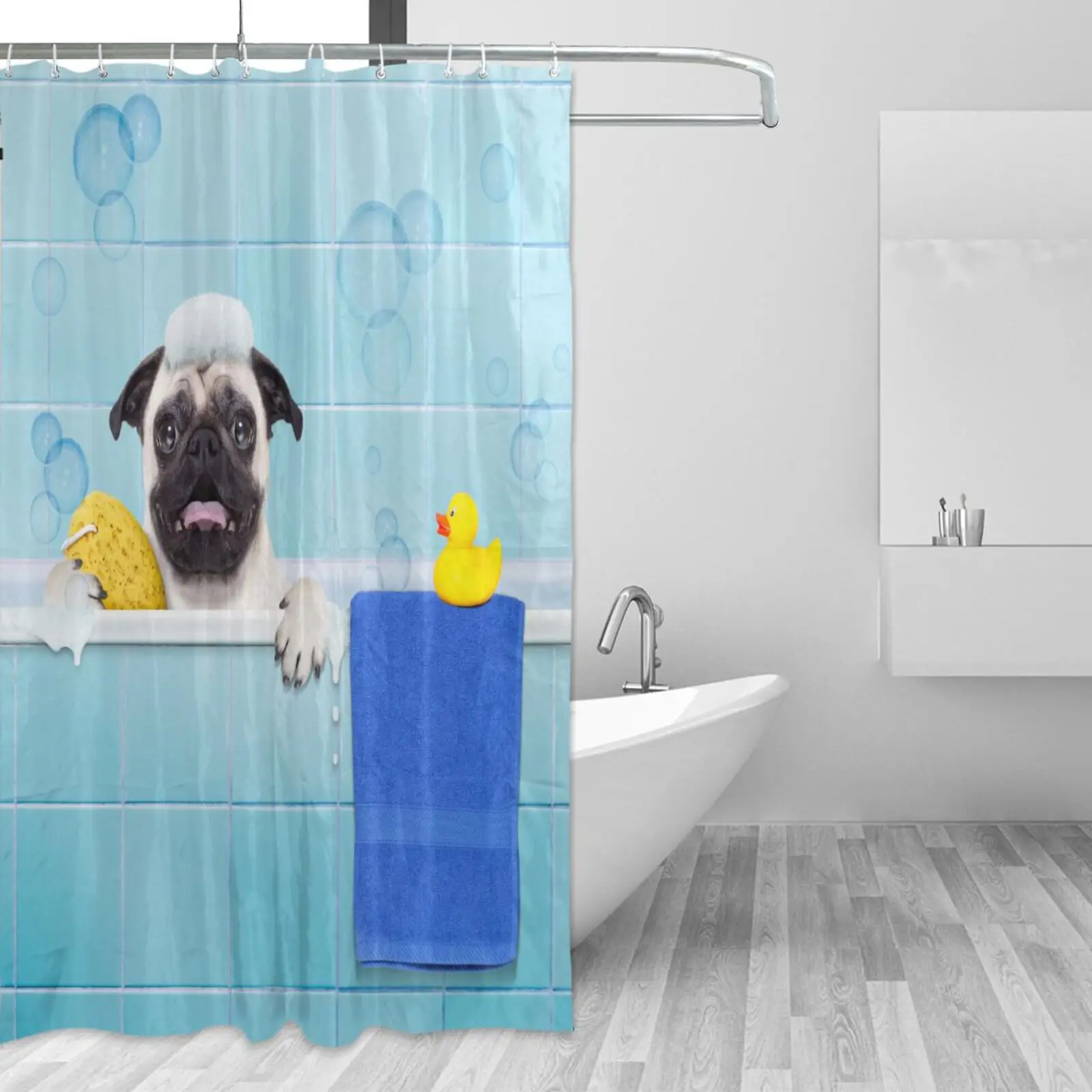 

Занавеска для душа с Мопсом, водонепроницаемая моющаяся шторка для ванны из полиэстера, с 12 крючками, украшение для ванной комнаты