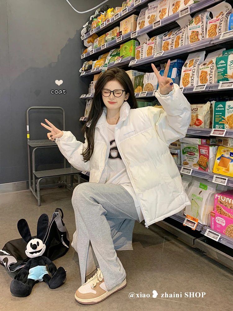 White Lettered Long Sleeved Cotton Padded Jacket Women's Winter Coat 2022 New Design Sense Niche Loose Top