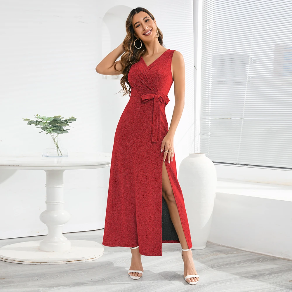 

Женское блестящее длинное платье без рукавов с V-образным вырезом