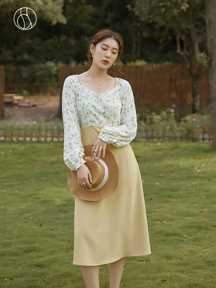 

DUSHU Office Lady Loose French Square Collar Floral Stitching Dress Hight Waist Thin 2021 Autumn New Zipper A-line Women Skirt