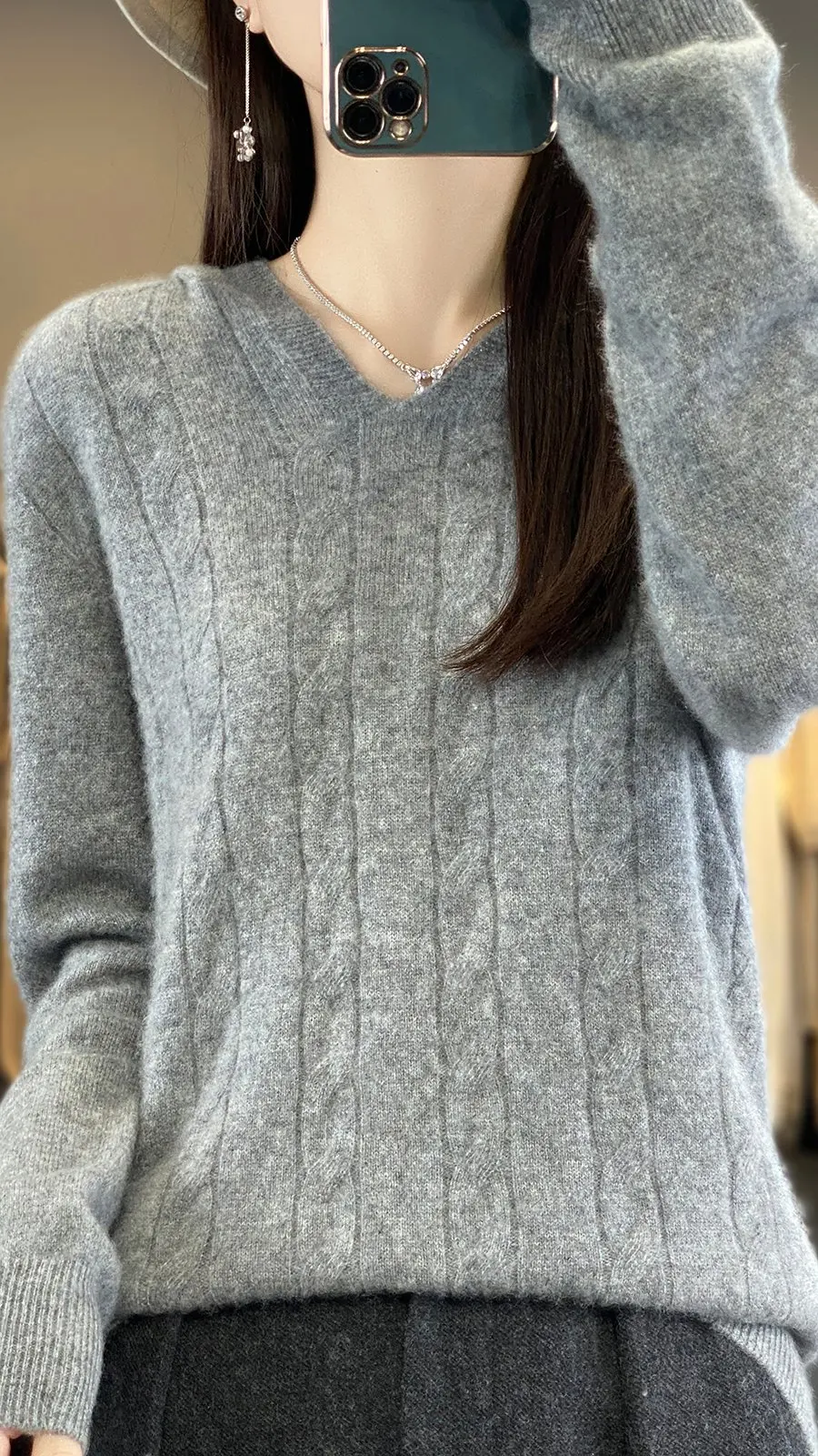 Новинка Осень-зима толстовка из чистой шерсти с V-образным вырезом Женский свитер