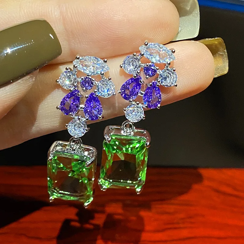 

Big Green Square Cubic Zircon Pendant Blue White Diamond Flower Exaggerated Vintage Drop Earrings for Women