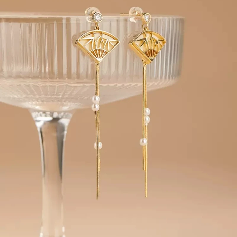 

Chinese Style Drop Earrings Bamboo Fan Series Ear Stud New Trendy Imitation Pearl Jewelry for Women Long Tassel Ear Accessory