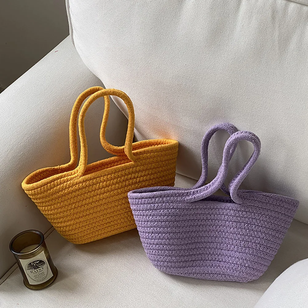 

Women Straw Beach Bags Solid Color Handmade Knitting Woven Small Handbags Bohemian Vacation Casual Female Top-handle Bags