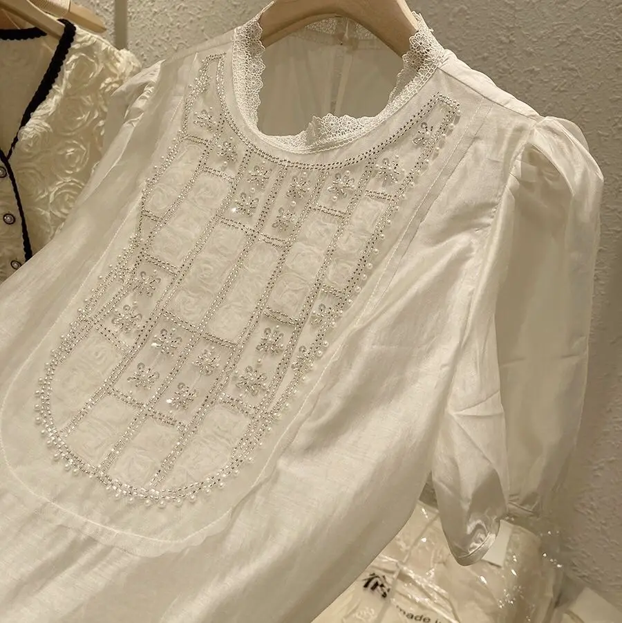 

High-end 2023 Summer New Handmade Beaded Chiffon Shirt Women's Bubble Short Sleeve Premium French Style Unique Blouse Top