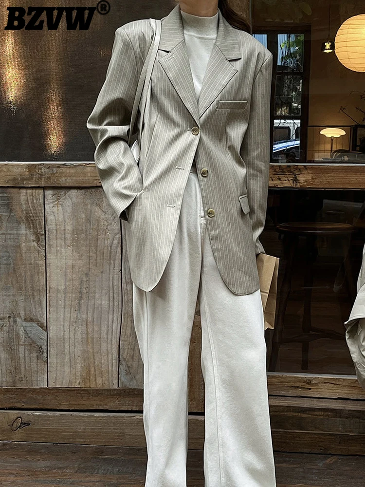 

BZVW Korean Vintage Casual Blazers For Women Loose Striped Versatile Back Split Designer Suit Coat Female 2023 New Trend 25X0864