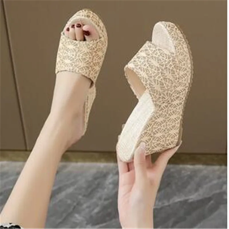

Slippers Women Heeled Sandals Ladies Shoes Heels Platform One Word Slipper Designer Wedge Suede Large Size Waterproof Summer New