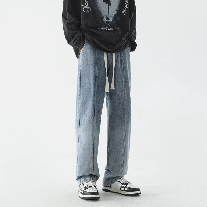 CAAYU New Korean Fashion Jeans Men's Baggy Classic Japanese Streetwear Straight-leg Denim Wide-leg Pants Male Black Gray Jeans