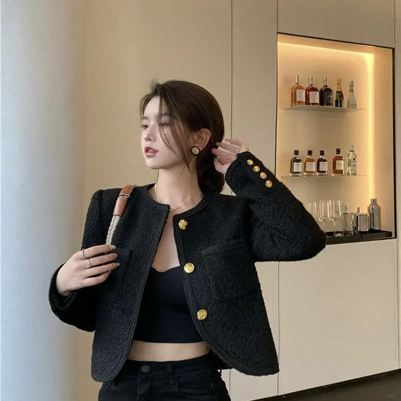 

Hsa Classic Korean Crop Tweed Jackets Women Elegant Luxury Short Outwear Single Breasted Vintage Chaquetas Spring Wool Blends Co