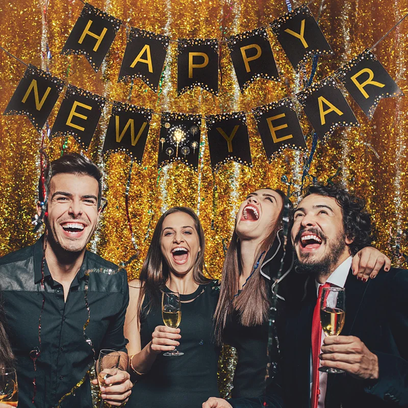 

2023 Happy New Year Banner Black Gold Letter Paper Garland Hanging Flag Christmas Pendants New Year Party Decoration Supplies