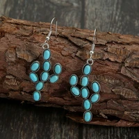 retro geometric cactus alloy earrings creative inlaid turquoise lace earrings