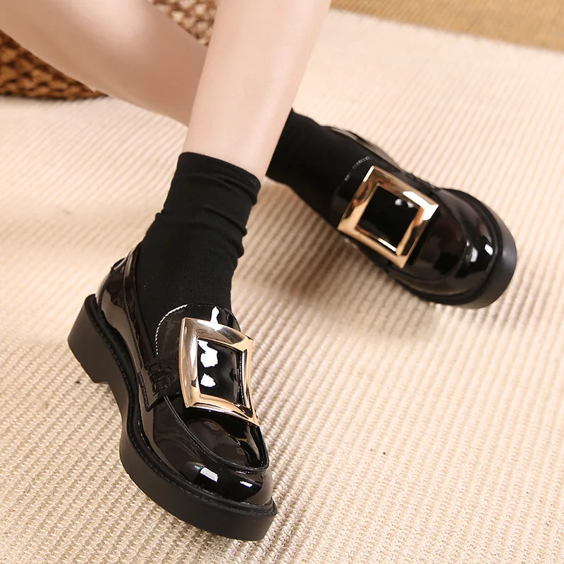 Square Buckle Single Shoes Women's Autumn New Rhinestone Thick-soled Loafer Shoes British Style College Small Leather Shoes